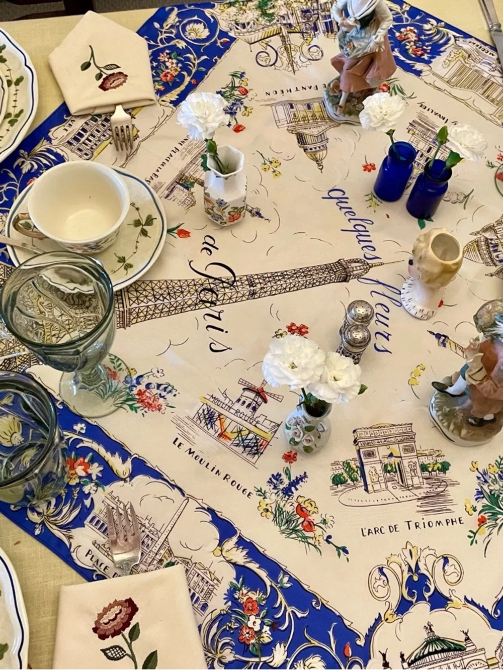 Parisian Eiffel Tower Vintage Souvenir Scarf-Blue, White & Gold Flowers Map